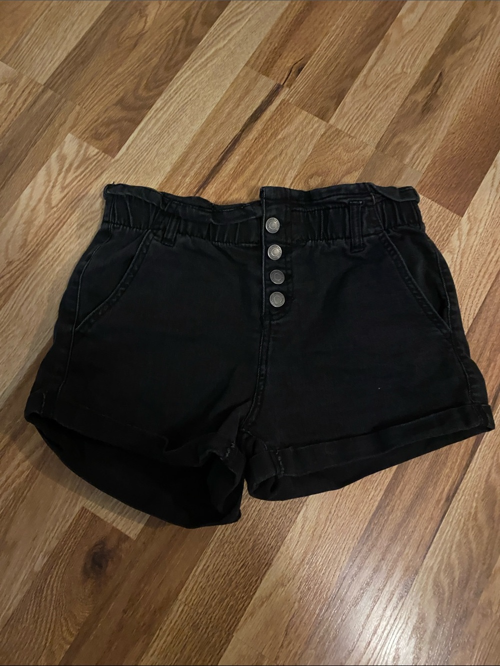 High-Waist Button-Front Black Denim Shorts